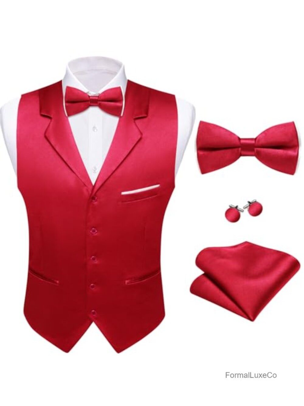 Mens Formal Suit Vest Set Lapel Collar Bow Tie Pocket Square Cufflinks